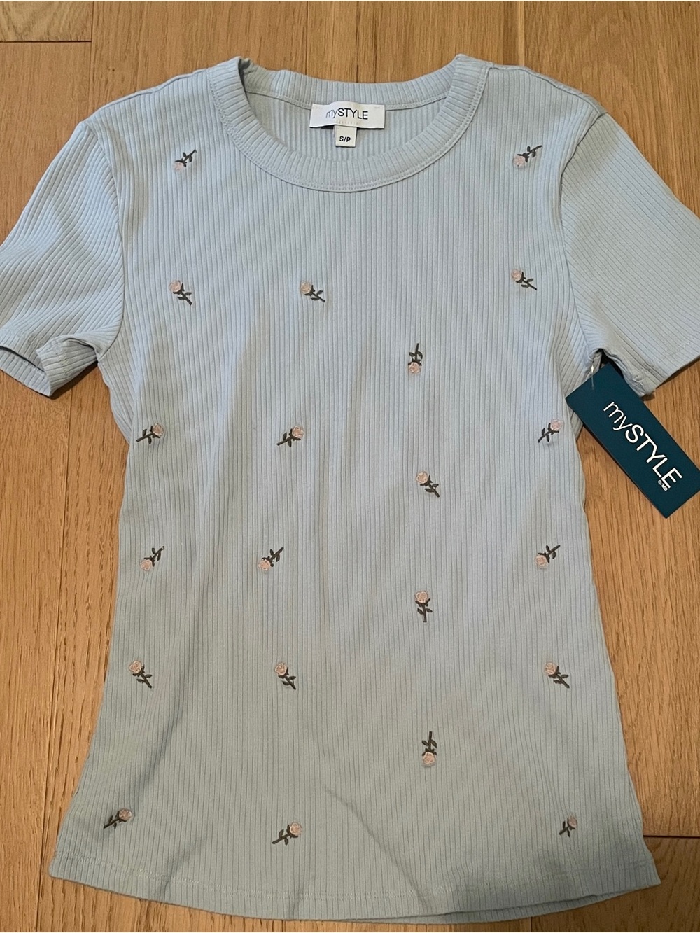 mySTYLE Light Blue Ribbed Short Sleeve Tee with Embroidered Floral Detail